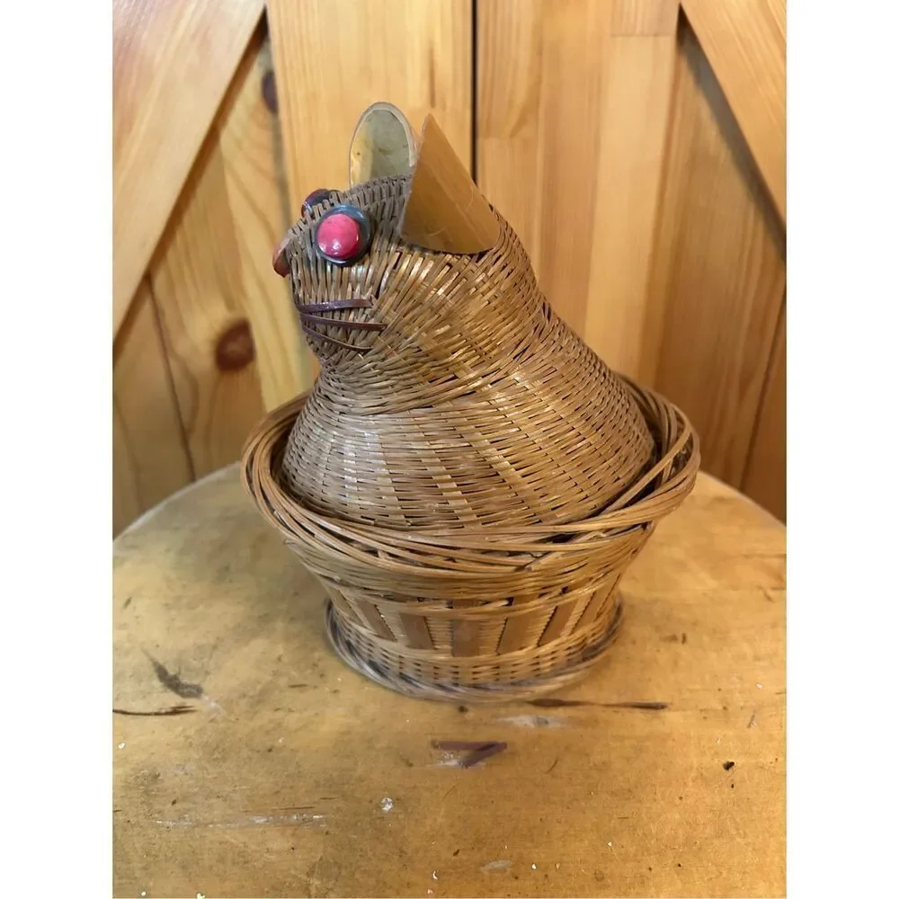 Vintage Wicker Cat-shaped Nesting Basket, Woven Basket with Lid (8564)